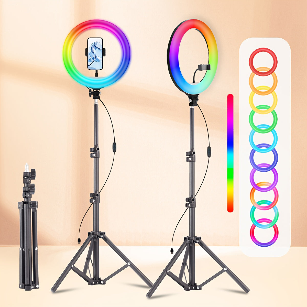 Kit de Aro de Luz LED ZOMEI – Trípode Ajustable y Doble Soporte para Teléfono | 3 Modos de Color, 12 Niveles de Brillo | Ideal para Maquillaje, Fotos, Videos y Streaming