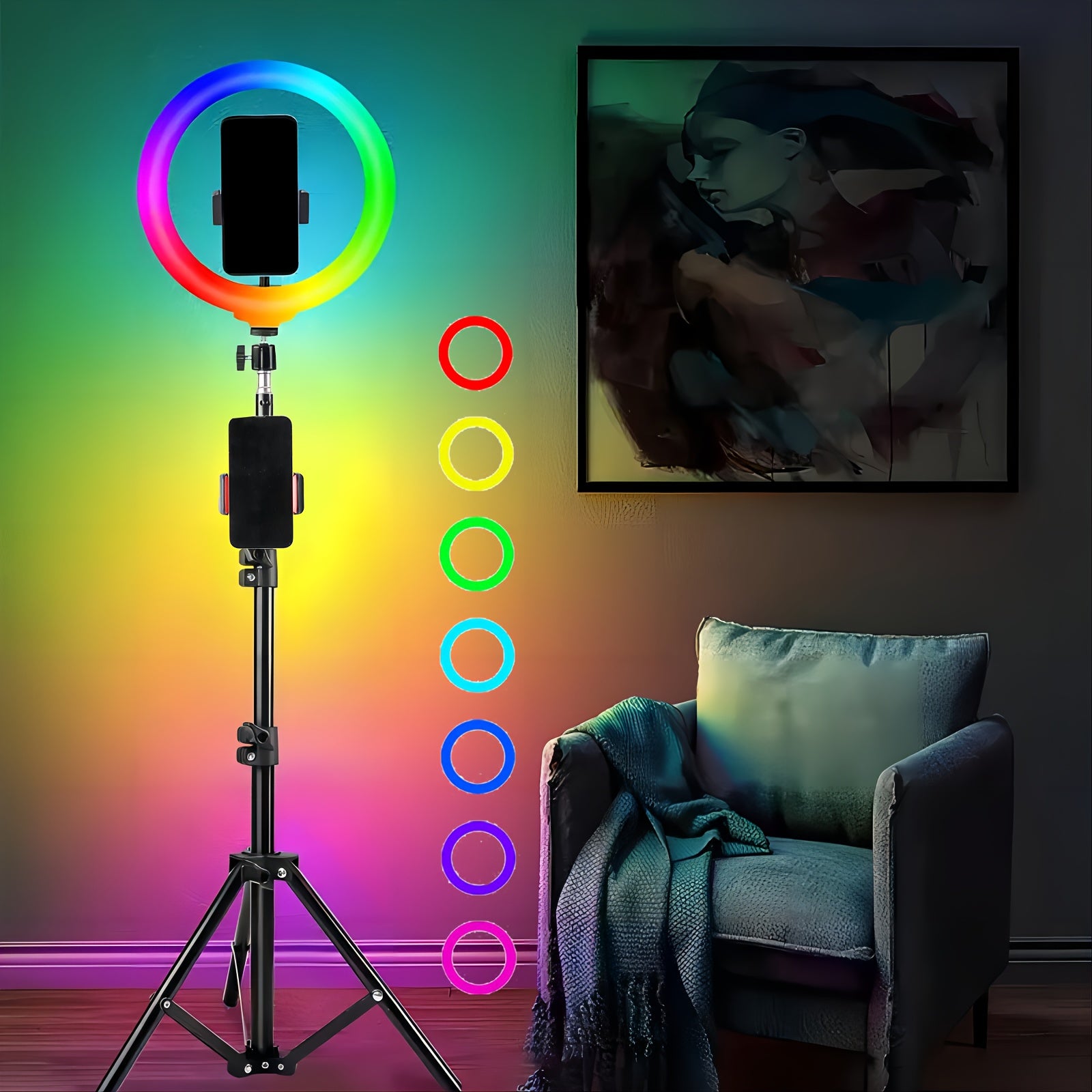 Kit de Aro de Luz LED ZOMEI – Trípode Ajustable y Doble Soporte para Teléfono | 3 Modos de Color, 12 Niveles de Brillo | Ideal para Maquillaje, Fotos, Videos y Streaming