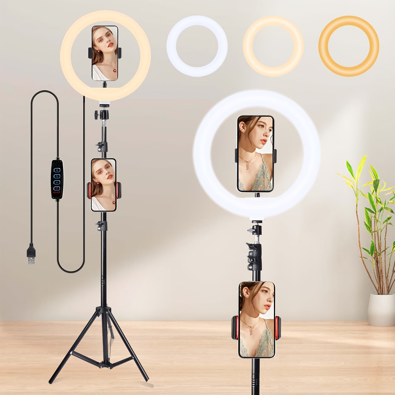 Kit de Aro de Luz LED ZOMEI – Trípode Ajustable y Doble Soporte para Teléfono | 3 Modos de Color, 12 Niveles de Brillo | Ideal para Maquillaje, Fotos, Videos y Streaming