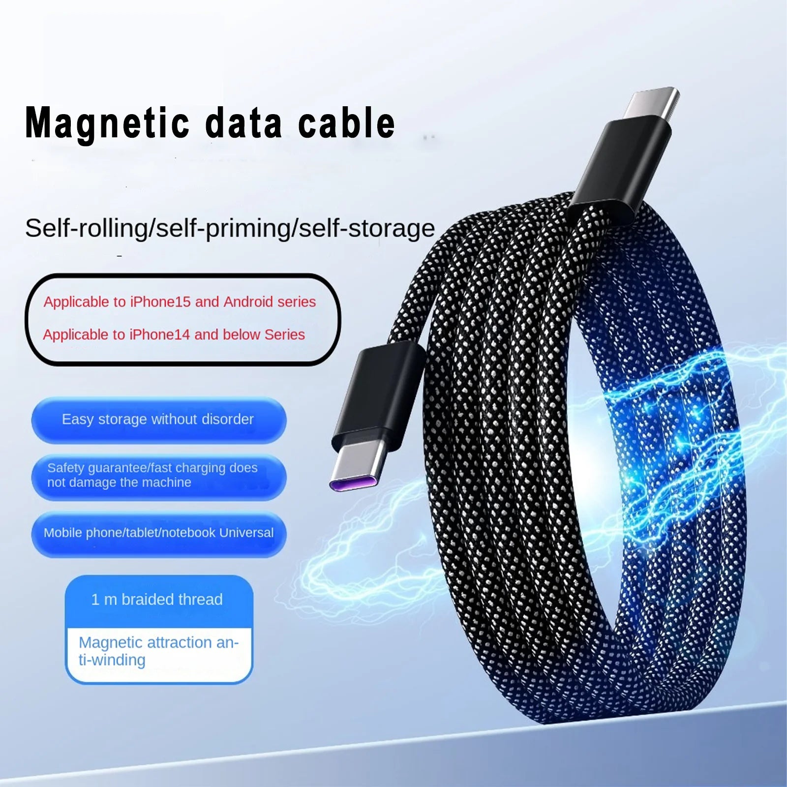 Cable USB-C Magnético 100W de Carga Rápida – Trenzado de Nailon, 1 Metro