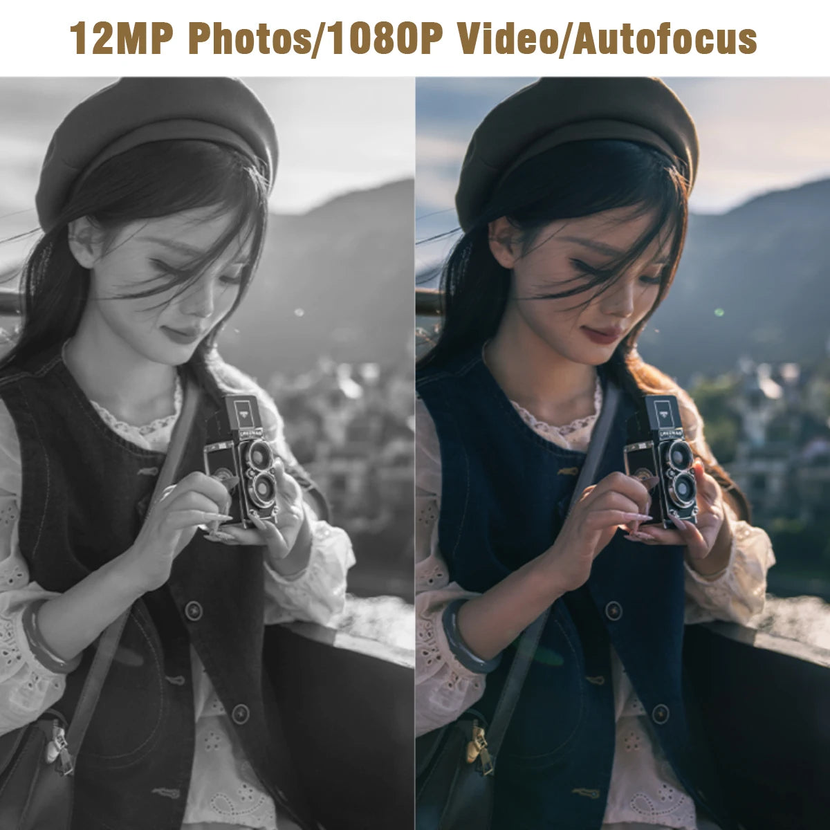 Cámara Digital Vintage Mini 12MP con Autofocus y Video Full HD 1080P – Ligera, Portátil y Perfecta para Regalo